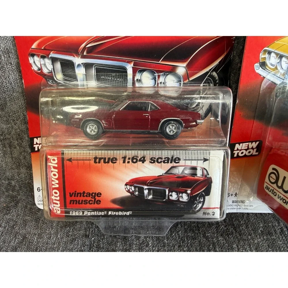 Lot 2 Auto World 1/64 1969 Pontiac Firebird & 1973 Dodge Challenger Rallye NIP